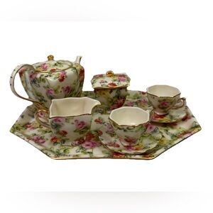 VTG Delton Products Miniature Tea 8 Piece Rose Motifs Gold Gilding Hand Painted